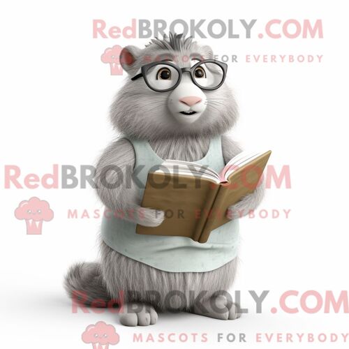 Costume Mascotte Redbrokoly De Marmotte Argentée Personnage Habillé Avec Une Jupe Plissée Et Des Lunettes De Lecture