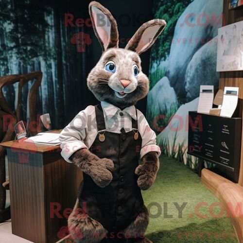 Costume Mascotte Redbrokoly De Lapin Sauvage Noir Habillé D Une Chemise En Popeline Et De Bretelles