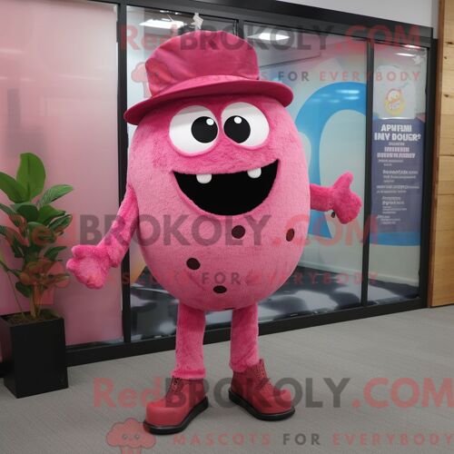 Costume De Mascotte Redbrokoly De Boulettes De Viande Roses Habillé Avec Un Jean Évasé Et Des Épingles À Cravate