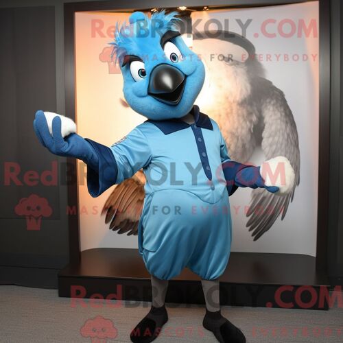 Personnage De Costume De Mascotte Redbrokoly De Jay Bleu Cyan Habillé Avec Une Chemise Habillée Et Des Gants