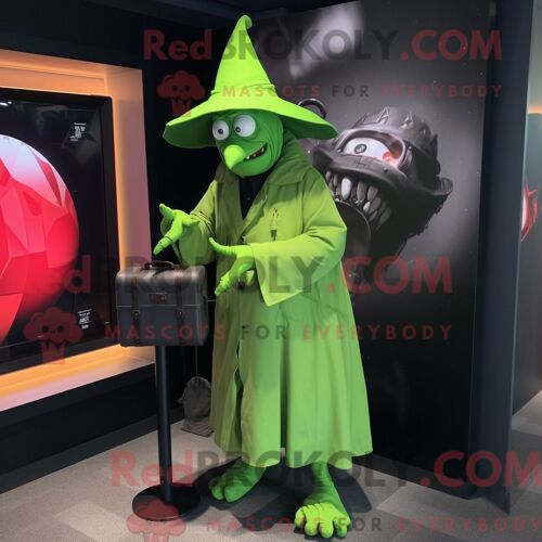 Personnage De Costume De Mascotte Redbrokoly De Chapeau De Sorcière Vert Citron Habillé Avec Un Blouson Aviateur Et Des Porte-Documents