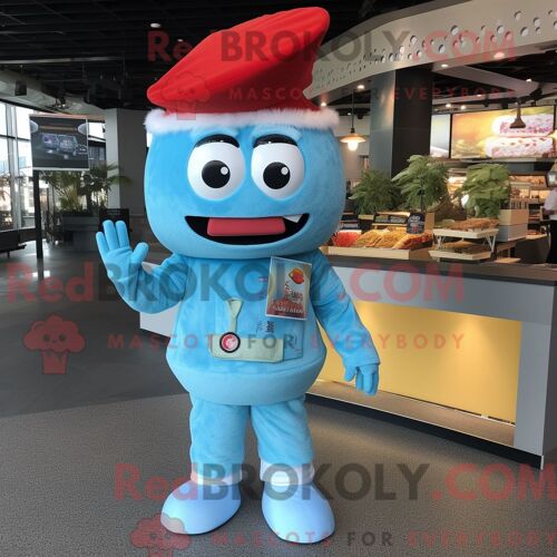 Costume De Mascotte Redbrokoly De Sushi Bleu Ciel Habillé D Une Combinaison Et D Épingles À Chapeau
