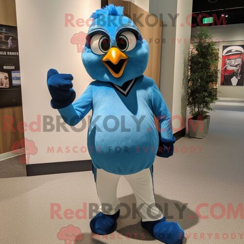 Personnage De Costume De Mascotte Redbrokoly De Jay Bleu Cyan Habillé Avec Une Chemise Habillée Et Des Gants