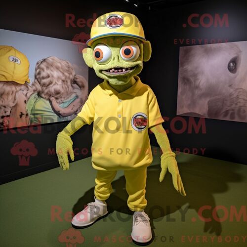 Personnage De Costume De Mascotte Redbrokoly De Puma Cyan Habillé Avec Un T-Shirt Polo Et Des Épinglettes