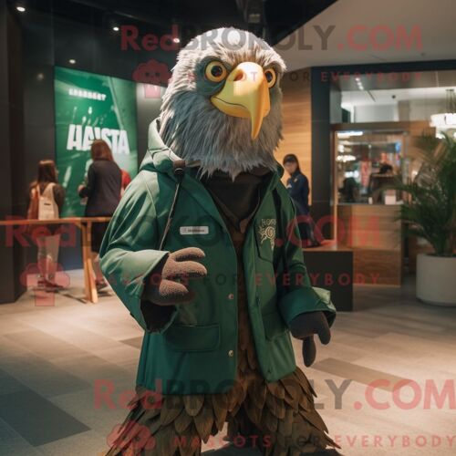 Costume De Mascotte Redbrokoly D Aigle De Haast Vert Forêt Personnage Habillé Avec Une Parka Et Des Épinglettes