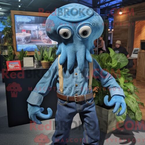 Costume Mascotte Redbrokoly De Kraken Bleu Personnage Habillé D Une Chemise En Chambray Et De Boutons De Manchette