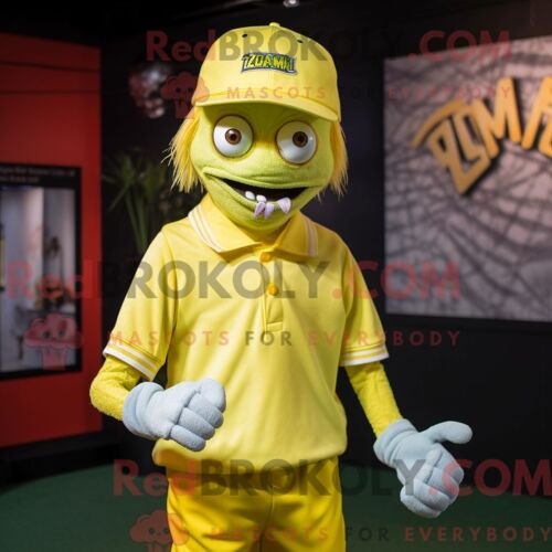 Costume De Mascotte Redbrokoly De Zombie Jaune Citron Habillé Avec Un Polo Et Des Casquettes
