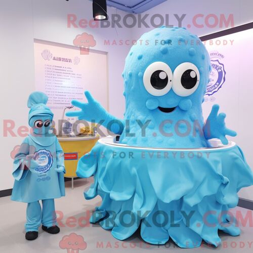 Costume De Mascotte Redbrokoly De Calamars Frits Bleu Ciel Habillé D Une Jupe Portefeuille Et De Montres