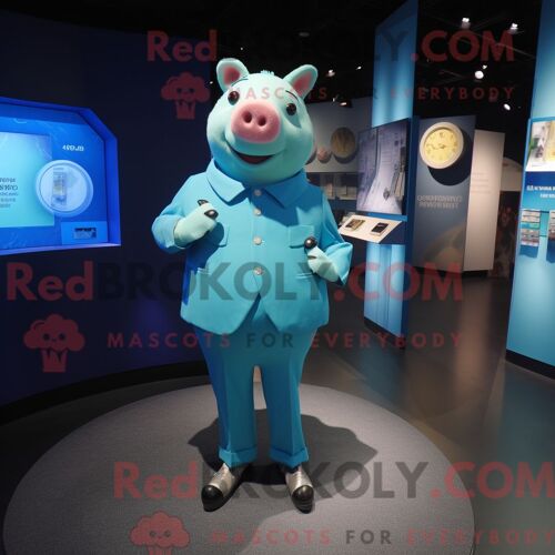 Costume De Mascotte Redbrokoly De Cochon Cyan Habillé D Un Costume Et D Un Porte-Monnaie