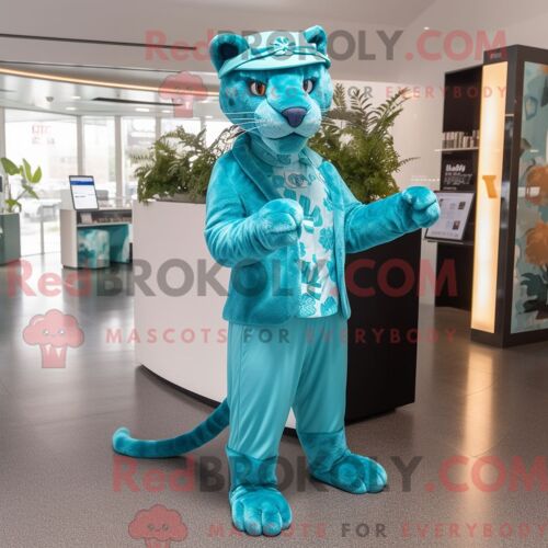 Costume Mascotte Redbrokoly De Panthère Turquoise Habillé D Une Robe Et De Ceintures De Smoking