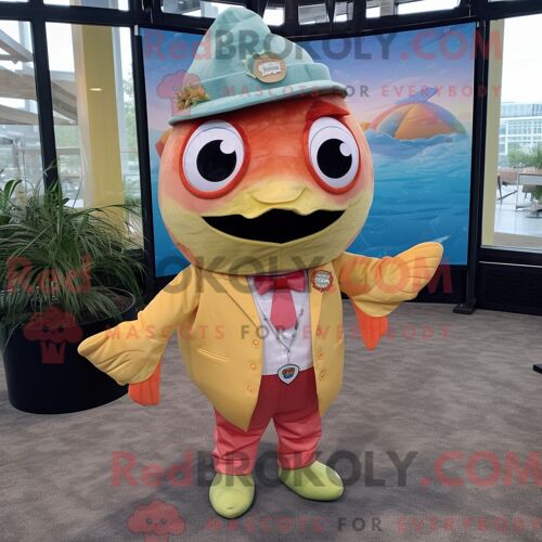 Costume De Mascotte Redbrokoly De Tacos De Poisson Pêche Personnage Habillé Avec Une Barboteuse Et Des Épingles À Cravate