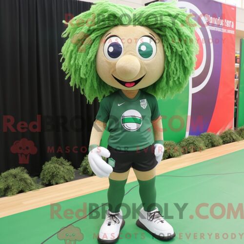 Personnage De Costume De Mascotte Redbrokoly De Ballon De Volley-Ball Vert Forêt Habillé Avec Un Pantalon De Yoga Et Des Pinces À Cheveux
