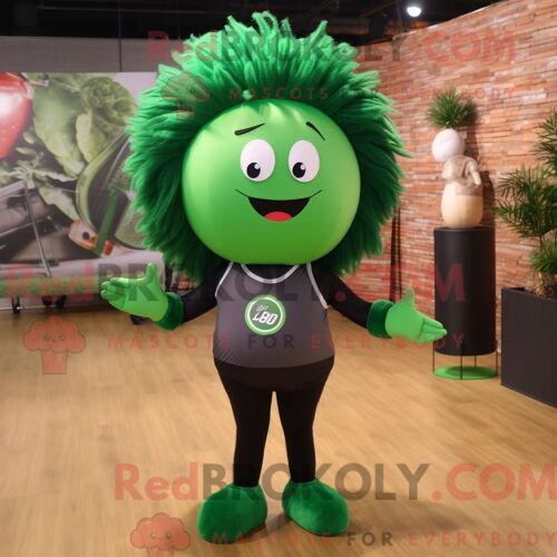 Personnage De Costume De Mascotte Redbrokoly De Ballon De Volley-Ball Vert Forêt Habillé Avec Un Pantalon De Yoga Et Des Pinces À Cheveux