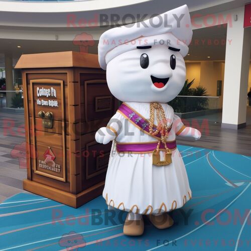 Personnage De Costume De Mascotte Redbrokoly De Coffre Au Trésor Blanc Habillé Avec Une Jupe Trapèze Et Des Bracelets