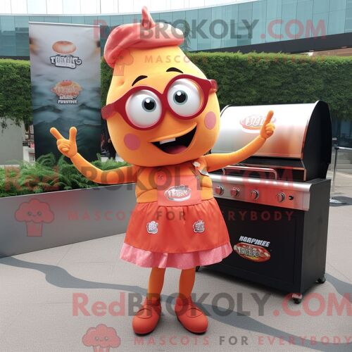 Personnage De Costume De Mascotte Redbrokoly De Peach Bbq Ribs Habillé Avec Une Mini-Jupe Et Des Lunettes