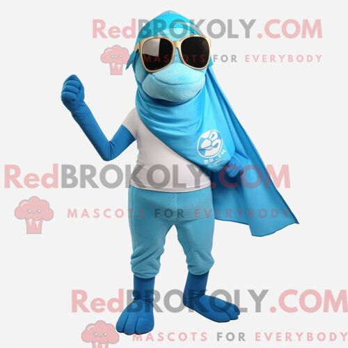 Costume De Mascotte Redbrokoly De Morse Bleu Ciel Habillé D Un Blouson Aviateur Et De Coussinets De Pieds