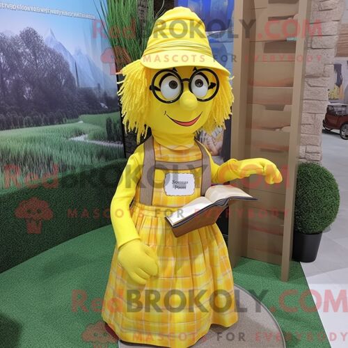Costume Mascotte Redbrokoly D Épouvantail Jaune Habillé D Une Jupe Longue Et De Lunettes De Lecture