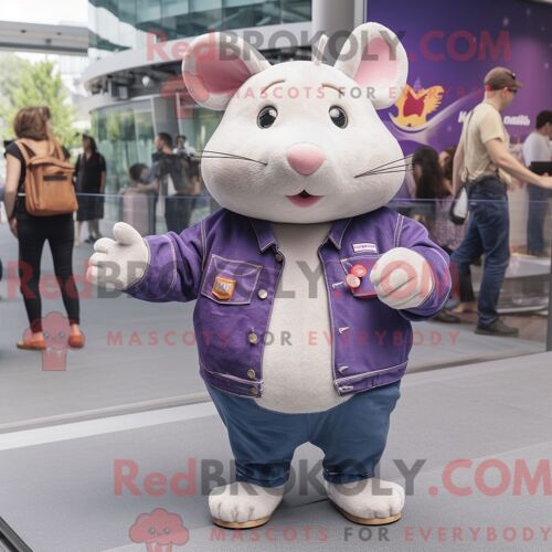Costume De Mascotte Redbrokoly De Hamster Violet Personnage Habillé D Un Jean Et D Épinglettes