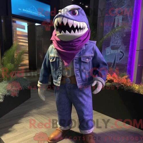 Costume De Mascotte Redbrokoly De Megalodon Violet Personnage Habillé D Une Chemise En Jean Et De Clips Pour Écharpe