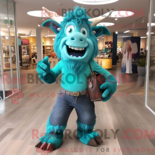 Costume De Mascotte Redbrokoly De Chat Bleu Marine Habillé D Un Jean Évasé Et De Châles