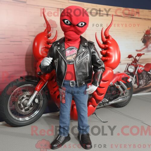 Personnage De Costume De Mascotte Redbrokoly De Homard Rouge Habillé D Une Veste De Motard Et D Épinglettes