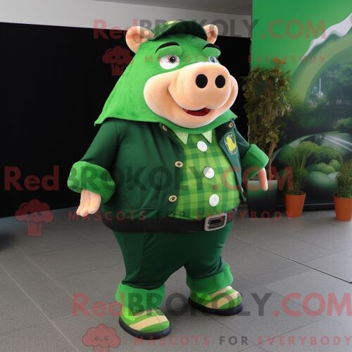 Costume De Mascotte Redbrokoly De Cochon Vert Forêt Personnage Habillé Avec Une Veste Et Des Pinces À Chaussures