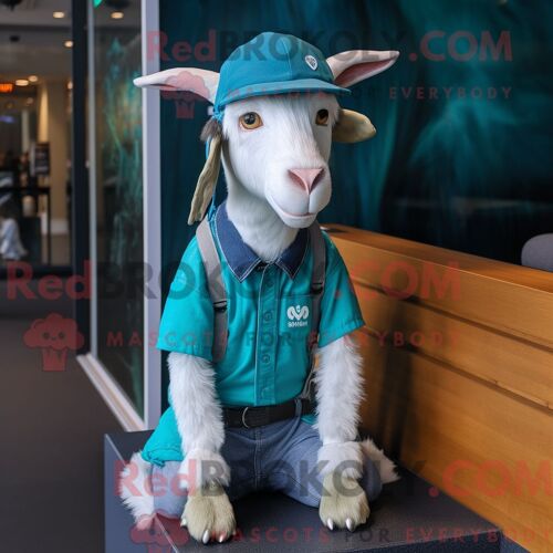 Costume De Mascotte Redbrokoly De Chèvre Boer Bleu Sarcelle Habillé Avec Un Jean Skinny Et Des Casquettes