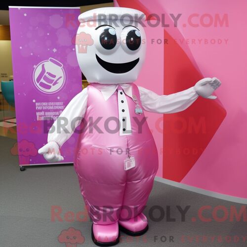 Costume Mascotte Redbrokoly De Canette De Soda Rose Personnage Habillé Avec Un Chemisier Et Des Boutons De Manchette