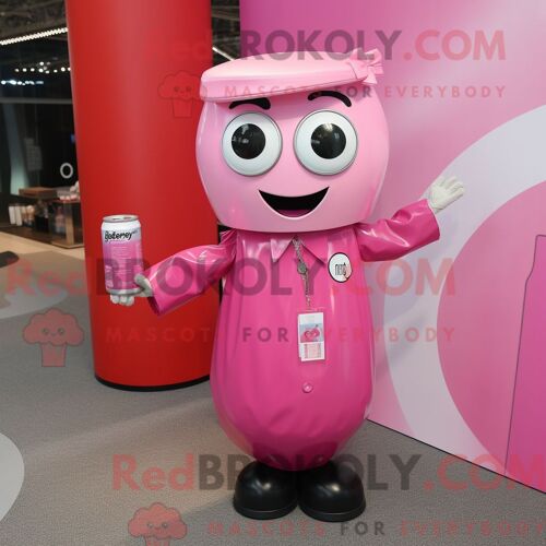 Costume Mascotte Redbrokoly De Canette De Soda Rose Personnage Habillé Avec Un Chemisier Et Des Boutons De Manchette
