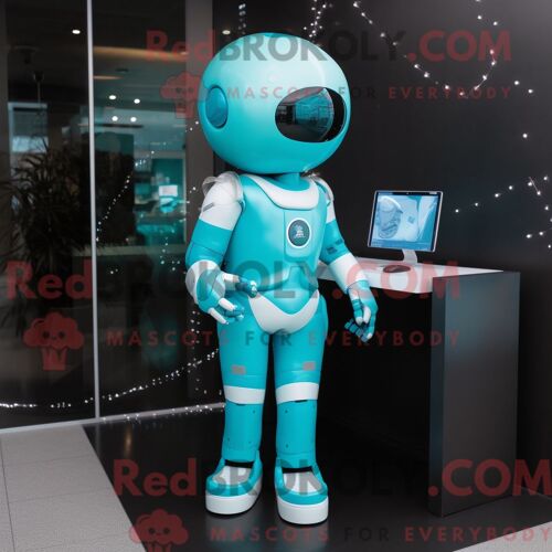Costume De Mascotte Redbrokoly D Astronaute Cyan Habillé D Une Robe Fourreau Et De Colliers