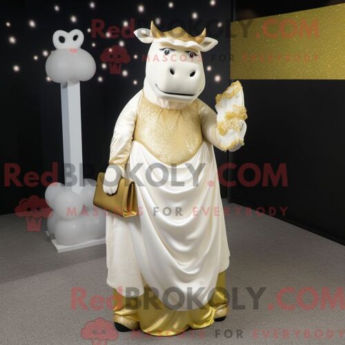 Costume De Mascotte Redbrokoly De B?uf Wellington Doré Habillé D Une Robe De Mariée Et De Sacs À Main