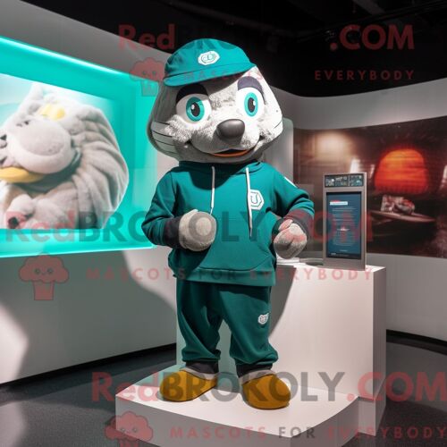 Costume De Mascotte Redbrokoly Du Drapeau Irlandais Bleu Sarcelle Habillé Avec Un Sweat À Capuche Et Des Bretelles