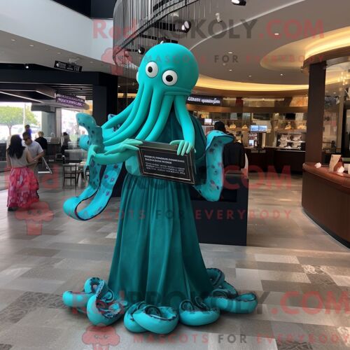 Costume De Mascotte Redbrokoly De Kraken Bleu Sarcelle Habillé Avec Une Robe De Soirée Et Des Sacs À Main