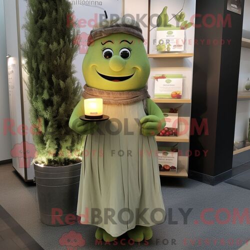 Personnage De Costume De Mascotte Redbrokoly De Bougie Parfumée Aux Olives Habillé Avec Une Robe Et Des Écharpes À Taille Empire