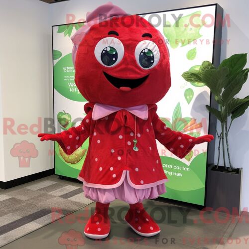 Personnage De Costume De Mascotte Redbrokoly De Fraise Habillé Avec Un Pantalon Capri Et Des Clips D Écharpe