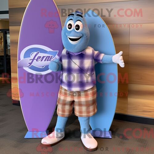 Personnage De Costume De Mascotte Redbrokoly De Planche De Surf Lavande Habillé Avec Une Chemise En Flanelle Et Des Montres-Bracelets