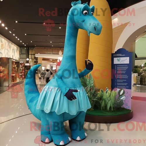Costume De Mascotte Redbrokoly De Brachiosaure Turquoise Personnage Habillé D Une Robe Trapèze Et De Broches