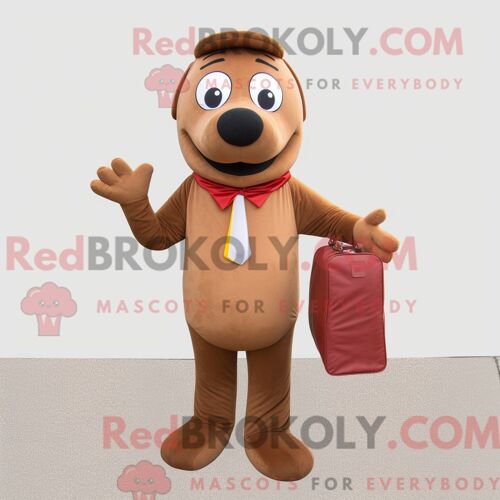 Personnage De Costume De Mascotte Redbrokoly De Hot Dogs Marron Habillé Avec Une Chemise Habillée Et Des Pochettes