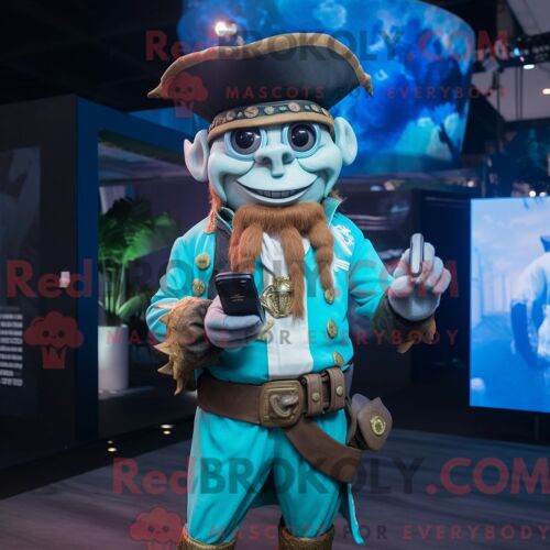 Personnage Mascotte Redbrokoly De Pirate Cyan Habillé D Un Pantalon Chino Et De Montres Intelligentes