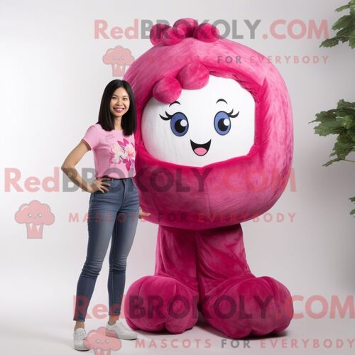 Costume Mascotte Redbrokoly De Dim Sum Magenta Personnage Habillé Avec Un Jean Maman Et Des Boucles D Oreilles