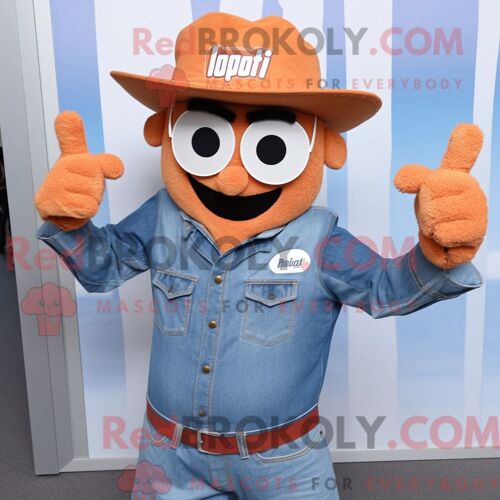 Costume De Mascotte Redbrokoly Rust Tikka Masala Personnage Habillé D Une Chemise En Jean Et D Anneaux