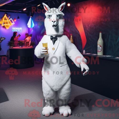 Costume De Mascotte Redbrokoly De Lama Blanc Personnage Habillé D Une Robe De Cocktail Et D Épinglettes