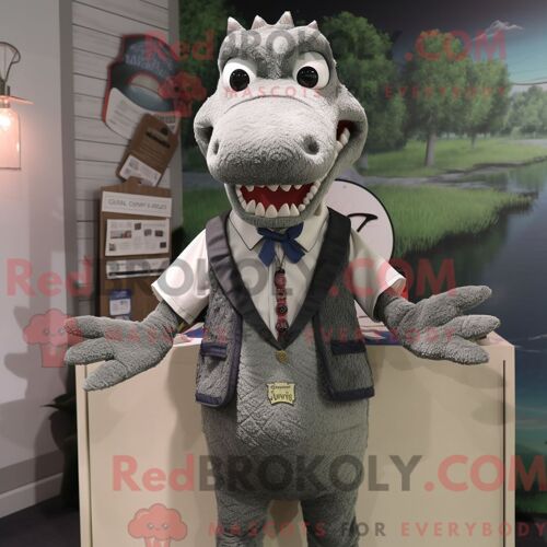Costume De Mascotte Redbrokoly De Crocodile Gris Habillé D Une Robe Droite Et De Cravates