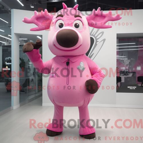 Costume Mascotte Redbrokoly D Élan Rose Personnage Habillé Avec Une Barboteuse Et Des Broches