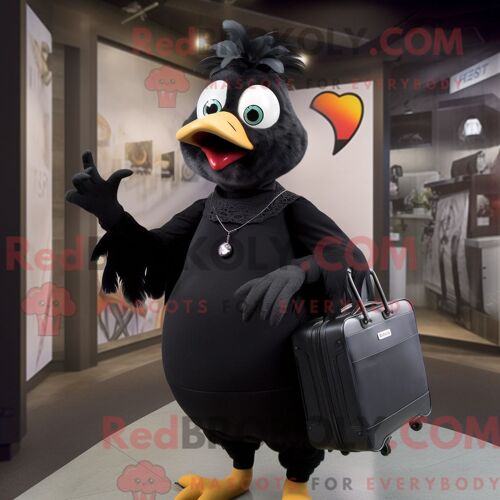 Personnage De Costume De Mascotte Redbrokoly De Poulet Noir Habillé D Une Robe Trapèze Et De Porte-Documents