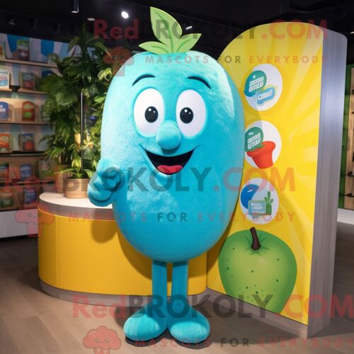Personnage Mascotte Redbrokoly Cyan Mango Habillé Avec Un T-Shirt Henley Et Des Pinces À Cheveux