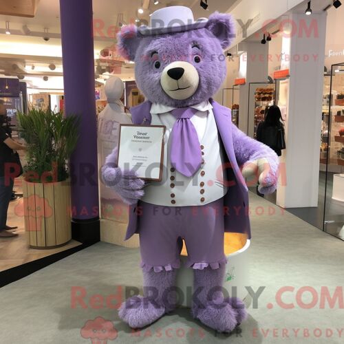 Costume Mascotte Redbrokoly D Ours Lavande Habillé Avec Un Gilet Et Des Pochettes