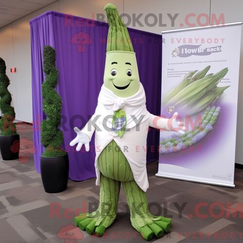 Personnage De Costume De Mascotte Redbrokoly D Asperges Lavande Habillé Avec Un Pantalon De Costume Et Des Écharpes