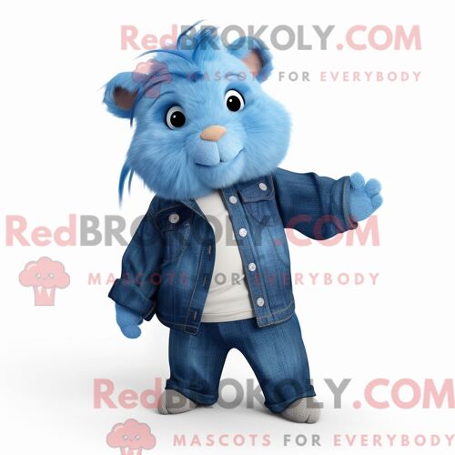 Costume De Mascotte Redbrokoly De Cochon D Inde Bleu Personnage Habillé D Un Jean Évasé Et D Une Écharpe