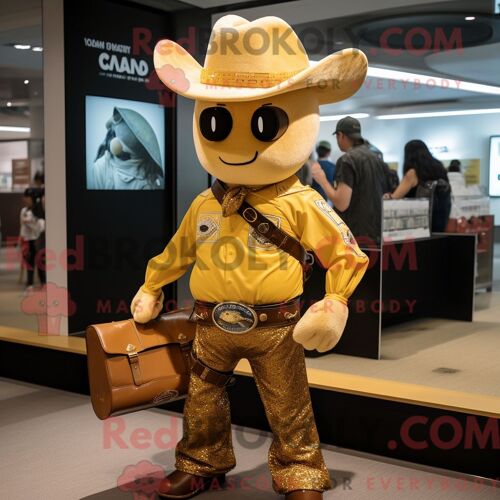 Personnage De Costume De Mascotte Redbrokoly De Cowboy Doré Habillé D Un T-Shirt Henley Et De Sacs Messager